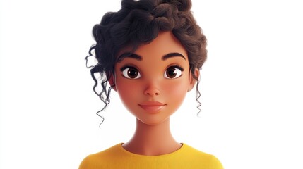3D Cartoon Portrait of Young Woman with Light Skin Tone on White Background