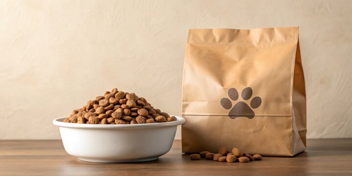 Dog Food in a Bowl with a Paper Bag, Pet Food , Dog Treats , Kibble , Animal