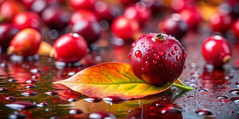 Dewy Cranberry on Autumn Leaf, Macro Photography, Water Drops, Red Berry, Fall , cranberry, dew