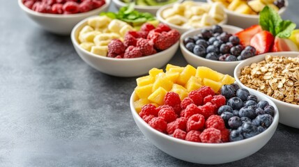 Assorted fresh fruits and granola in bowls