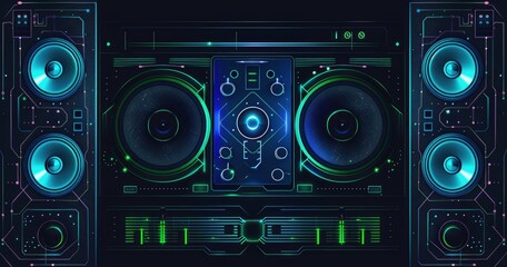 Fototapeta premium A vibrant graphic representation of a vintage-style audio system, featuring speakers and controls, emphasizing music and sound.