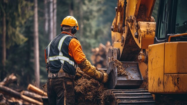 A logging worker wearing safety gear while operating heavy machinery in a wooded area, emphasizing safety and professionalism