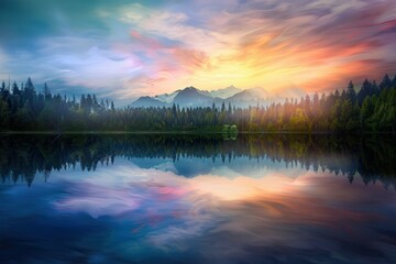 Obraz premium Pine tree and lake in Kiyosumi-Park. Beautiful simple AI generated image