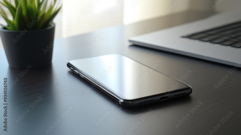 Poster Close-up of a modern smartphone lying on a desk with a blank display and an uncluttered backdrop