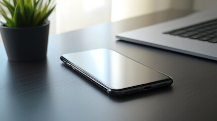 Close-up of a modern smartphone lying on a desk with a blank display and an uncluttered backdrop