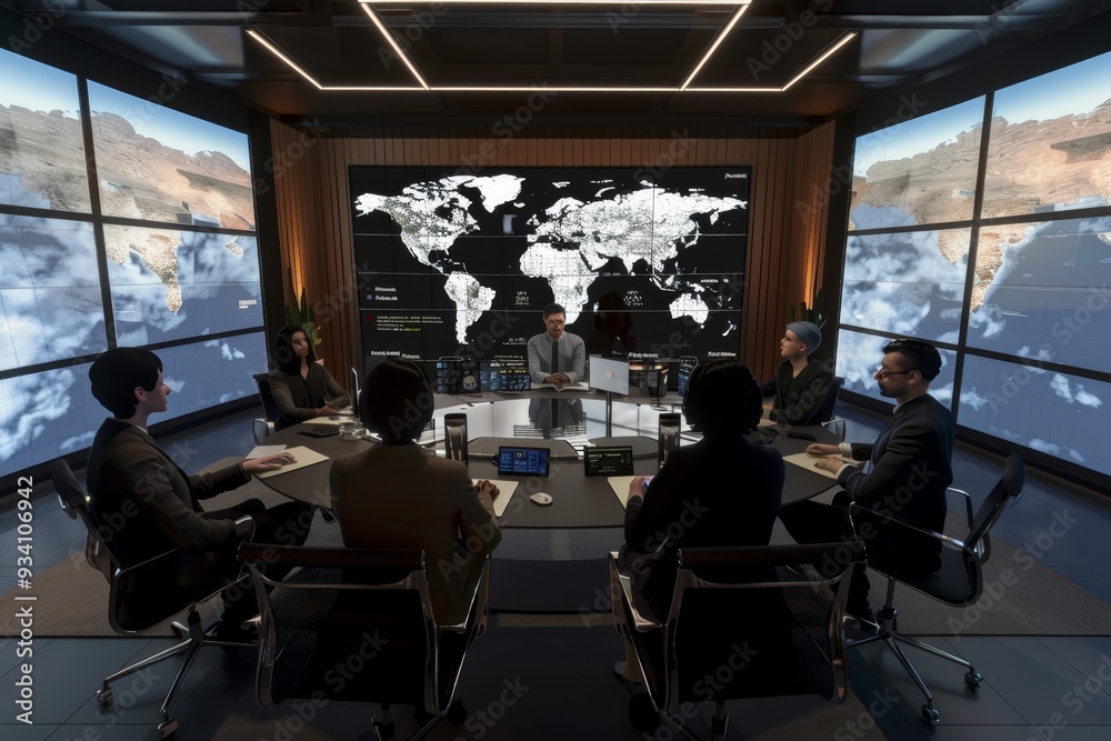 Leinwandbilder group of people sitting at table in front of large screen, an immersive virtual meeting platform con