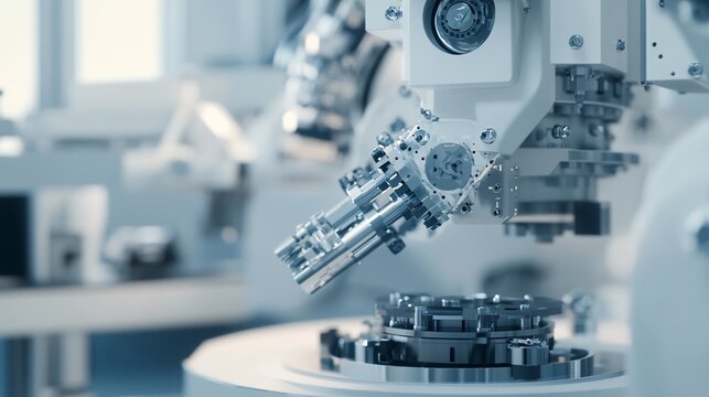 A close-up view of an automated machine feeder with precision components, set against a light solid color background