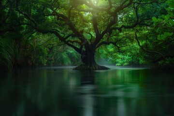 Obraz premium Pine tree and lake in Kiyosumi-Park. Beautiful simple AI generated image