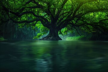 Obraz premium sun rays in the forest, Sunbeams pierce through dense foliage, spotlighting the stoic beauty of an age-old tree. Beautiful simple AI generated image