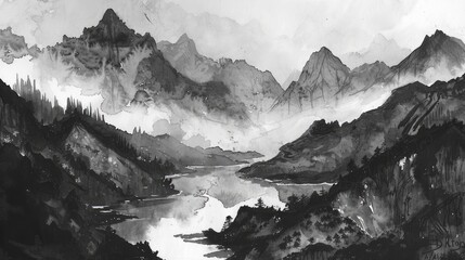 Obraz premium Ink and wash mountains and rivers , ai