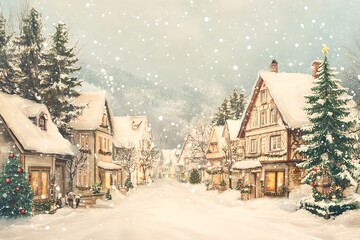 Fototapeta premium Vintage postcard with snowy village street. Winter landscape with snowfall. Christmas celebration concept. Retro card design, illustration. 