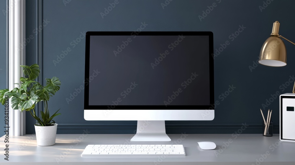 Poster computer monitor on sleek desk setup