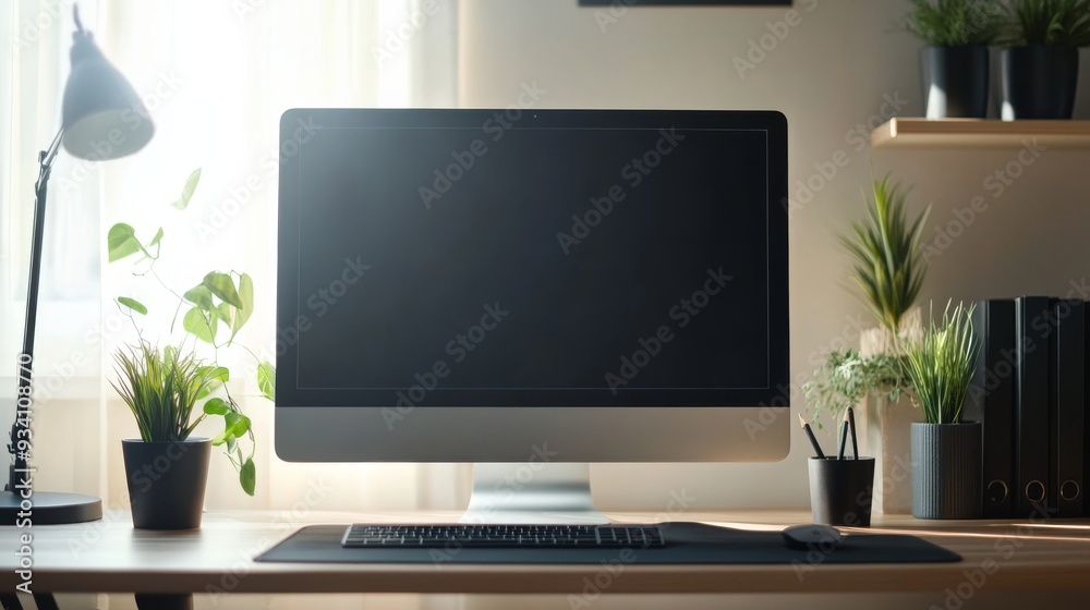 Poster computer monitor on sleek desk setup