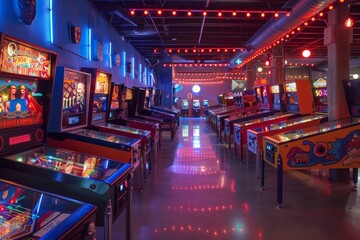 row of pinball machines in room, An old school arcade complete with pinball machines and Pac man