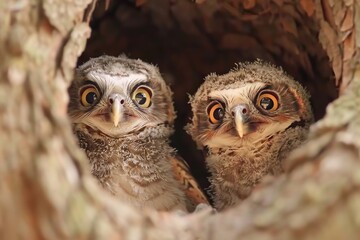 two owls are sitting in nest together, pair of baby owls peer out from their nest, blinking in the daylight