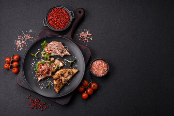 Variation of several toasts or bruschetta with prosciutto, mushrooms and veal