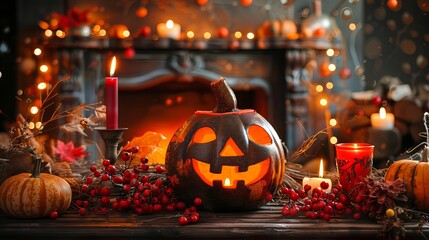 Smiling jack-o-lantern with glowing candlestick, surrounded by candles, and warm fireplace 