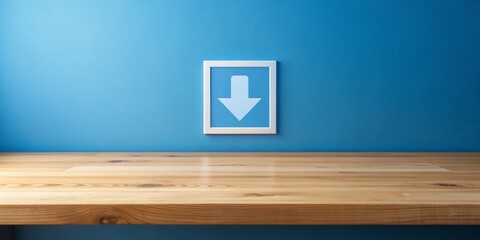 Blue Wall, White Frame, Down Arrow, Wood Countertop, Minimalism, interior design, blue wall