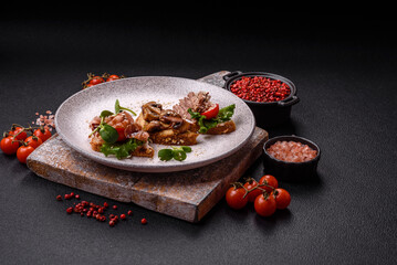 Variation of several toasts or bruschetta with prosciutto, mushrooms and veal