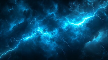 Electric blue lightning bolts in dark stormy sky