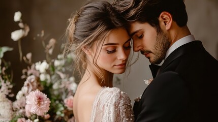 Elegant bride and groom standing close together against a softly lit, chic indoor setting with delicate floral arrangements and romantic candlelight creating an intimate atmosphere.