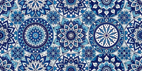 Blue and White Floral Mandala Tile Pattern, seamless , wallpaper , ornate , design