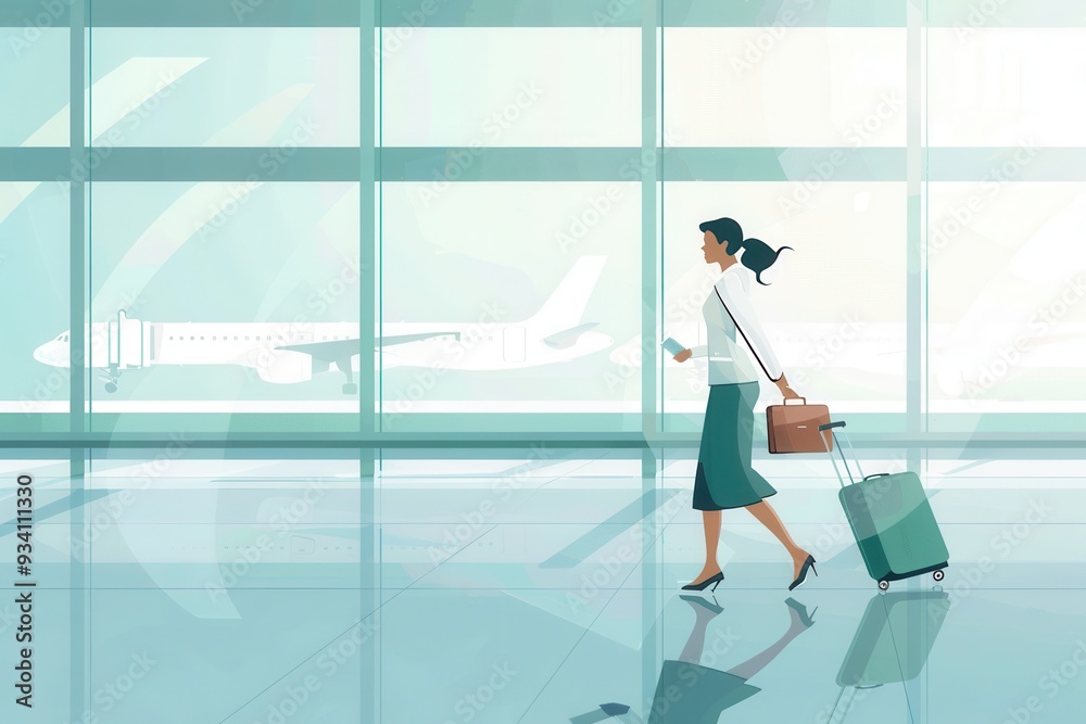 Poster a flight attendant strolls through the terminal with a suitcase and a briefcase, preparing for her n