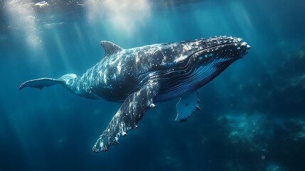 Naklejka premium A humpback whale swims gracefully through the deep blue ocean, sunlight filtering down from above.