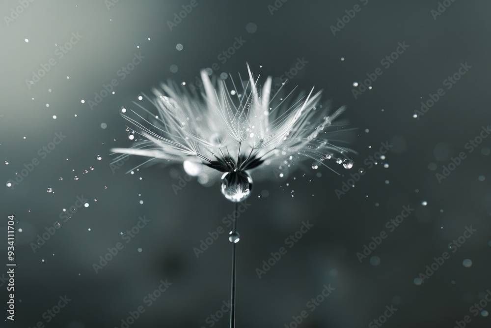 Leinwandbilder dandelion with single seed blowing in the wind, photorealistic image of single raindrop landing on d
