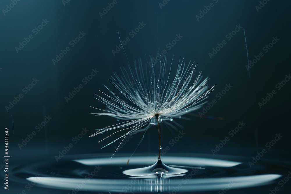Leinwandbilder dandelion with single seed blowing in the wind, photorealistic image of single raindrop landing on d