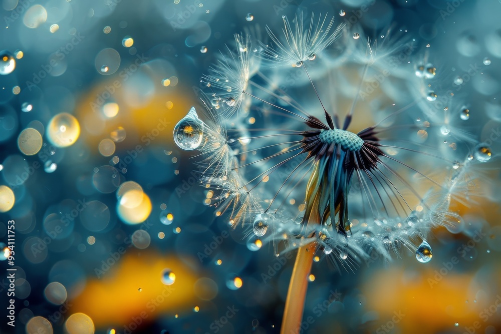 Leinwandbilder dandelion with single seed blowing in the wind, photorealistic image of single raindrop landing on d