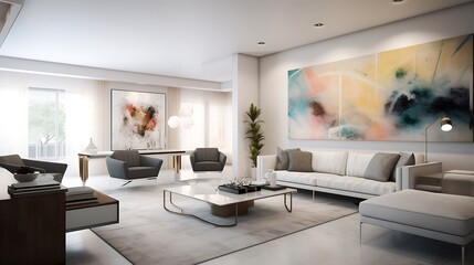 Fototapeta premium A modern art gallery-inspired living room with contemporary aesthetics 