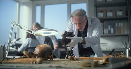 Senior archaeologist takes photo of fossil remains of prehistoric human skull and bones with camera...