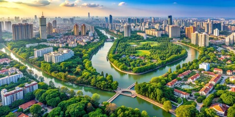 Naklejka premium Aerial View of a Serene River Winding Through a Lush Urban Landscape, China, Aerial Photography, Cityscape, River, Nature , China
