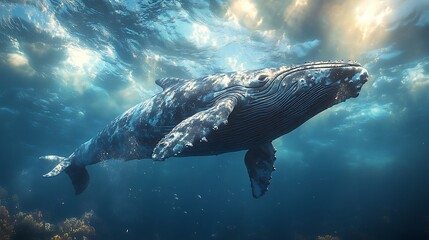 Fototapeta premium A humpback whale swims gracefully through the ocean, sunlight shining through the surface.