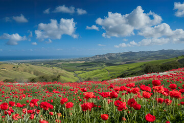 Fototapeta premium Blue sky over vibrant ranunculus field