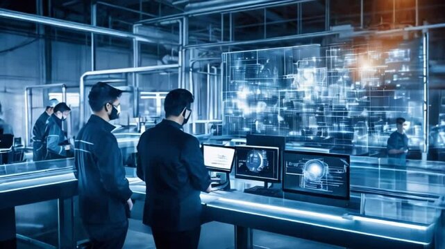 接続された自動化機械を管理するエンジニアと専門家のチームが働く未来の産業工場