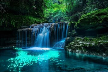waterfall in cave with water lillies, picturesque extraterrestrial waterfall cascading into glowing pool