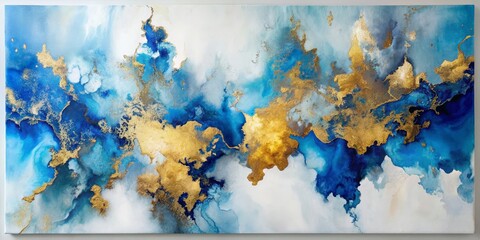 Abstract Blue and Gold Ink Swirl on Canvas, abstract art, blue and gold, canvas art, contemporary art