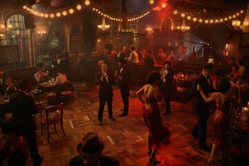 group of people dancing in room, swanky 1920s speakeasy with flapper dancers and jazzy band