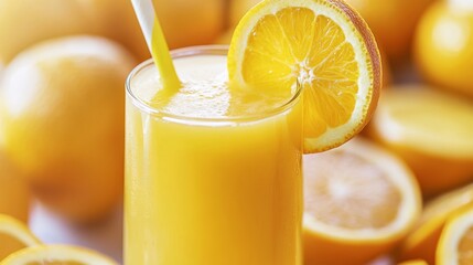 Fototapeta premium Freshly squeezed orange juice with sliced citrus fruits