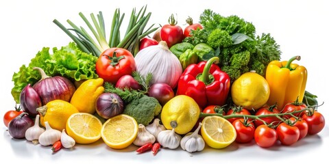 A Vibrant Harvest of Fresh Vegetables and Fruits, Tomatoes, Peppers, Lemons, and Garlic, White Background, Healthy Eating