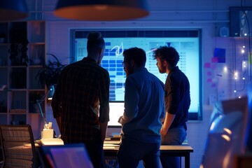 three men standing in front of computer screen, team of colleagues collaborating on project, brainstorming ideas together