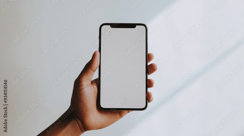 Poster hand of a user interacting with a smartphone featuring a blank screen, set against a minimalistic ba