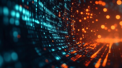 Fototapeta premium Abstract Digital Tunnel of Binary Code and Light - A digital tunnel with binary code and glowing orbs, symbolizing data flow, technological advancement, digital transformation, connection and innovati