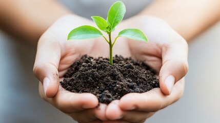 Hands holding a small plant with soil, symbolizing nurturing nature