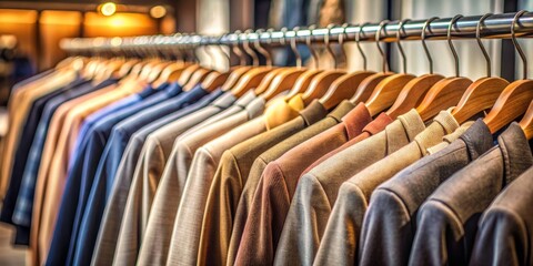 Fototapeta premium A Row of Suits Hanging on Wooden Hangers in a Store, wooden hangers, suits, apparel, clothing, fashion, retail