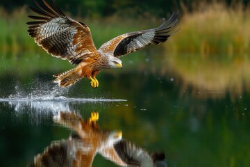 Obraz premium An eagle swoops down over a calm lake, capturing prey with its sharp talons. It's a vibrant, dynamic moment in nature.