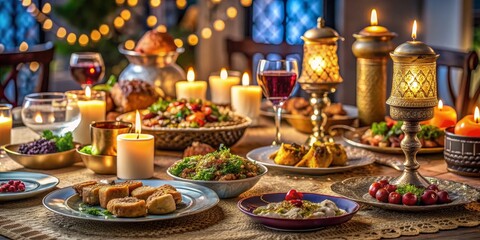 Fototapeta premium A Festive Feast Under Candlelight Golden Decor, Delicious Dishes, and Warm Ambiance, food photography , candlelight , dinner , ambiance