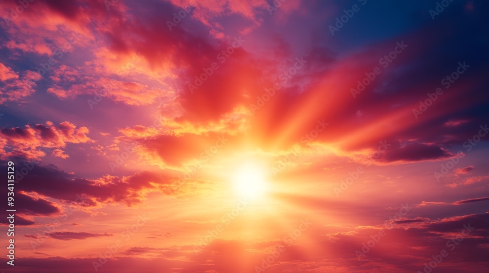 Poster intense sun rays glowing through a vibrant sunset sky with a mixture of fiery reds and soft purples,